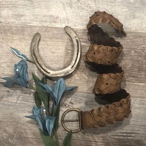 Western style tan braided faux leather brown studded belt